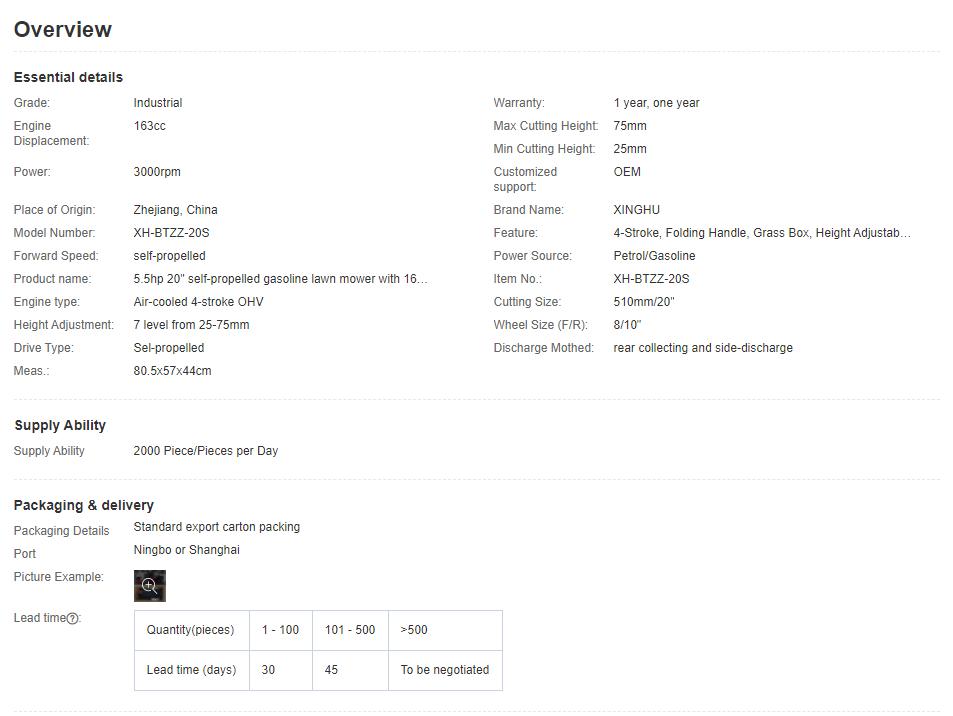 2025 5.5hp 20‘ Self-Propelled Gasoline Lawn Mower with 163cc Engine Hot Sale