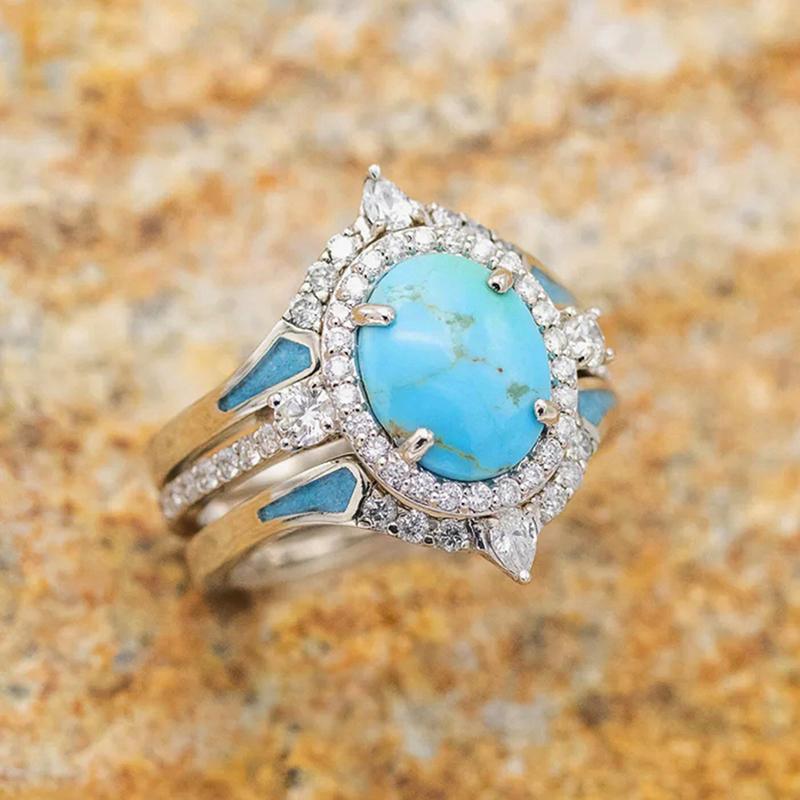 Huitan Bohemia Style Wedding Rings for Women Unique Imitation Turquoise Ring Aesthetic Blue Stone Accessories Party Jewelry Gift