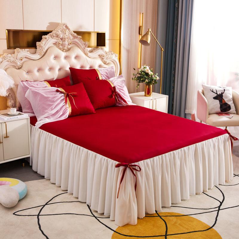 100% Cotton Fabric Princess Lace Bedspread King Queen Size Bed Skirt with Pillowcase, 1pc Bed Skirt+2pcs Pillowcases