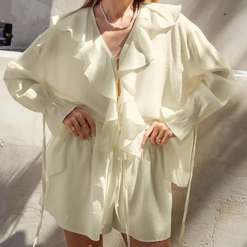Summer Designer Ruffles Fashion Casual Suit Lace-Up Cardigan Shirt Top + Shorts Two Peice Sets Women Loose Suits