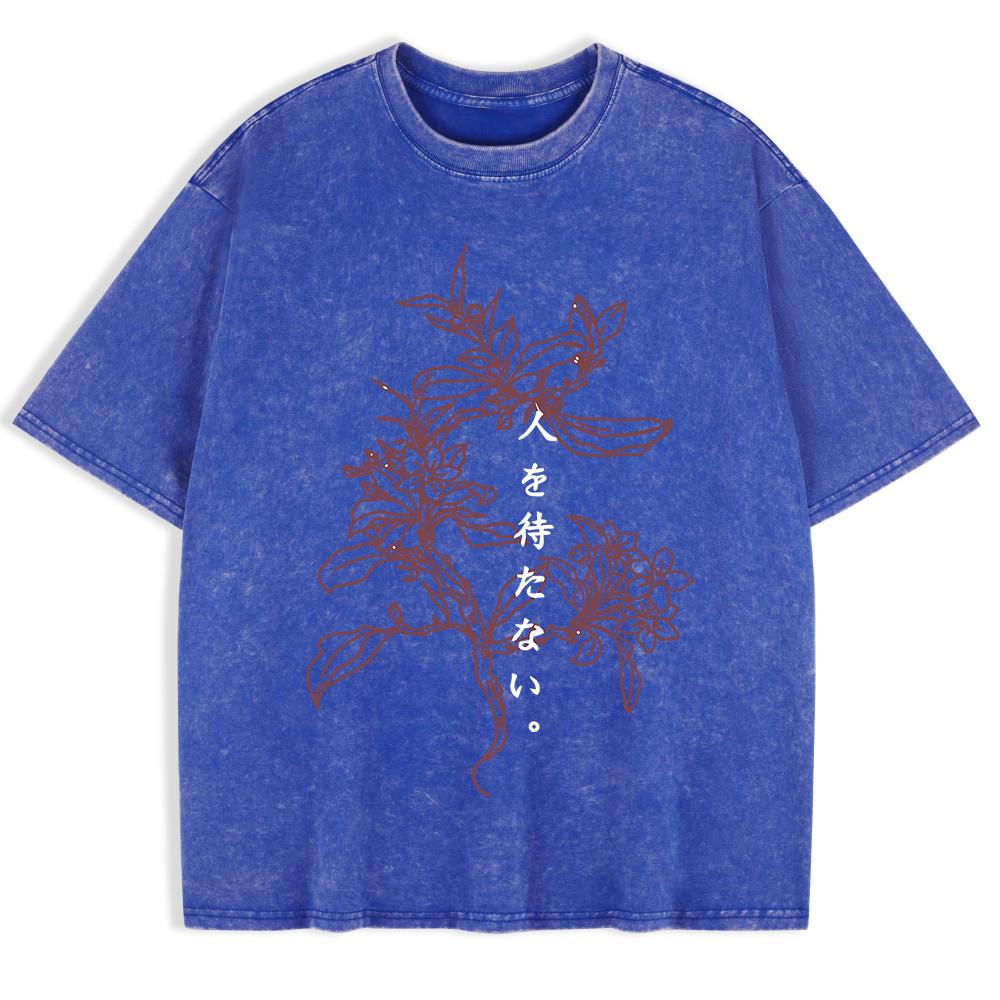 A Flower Blooming Alone Printed Washed T-Shirts Mens Cotton Short Sleeve Tops Basic O-Neck Oversized T Shirt Clothes