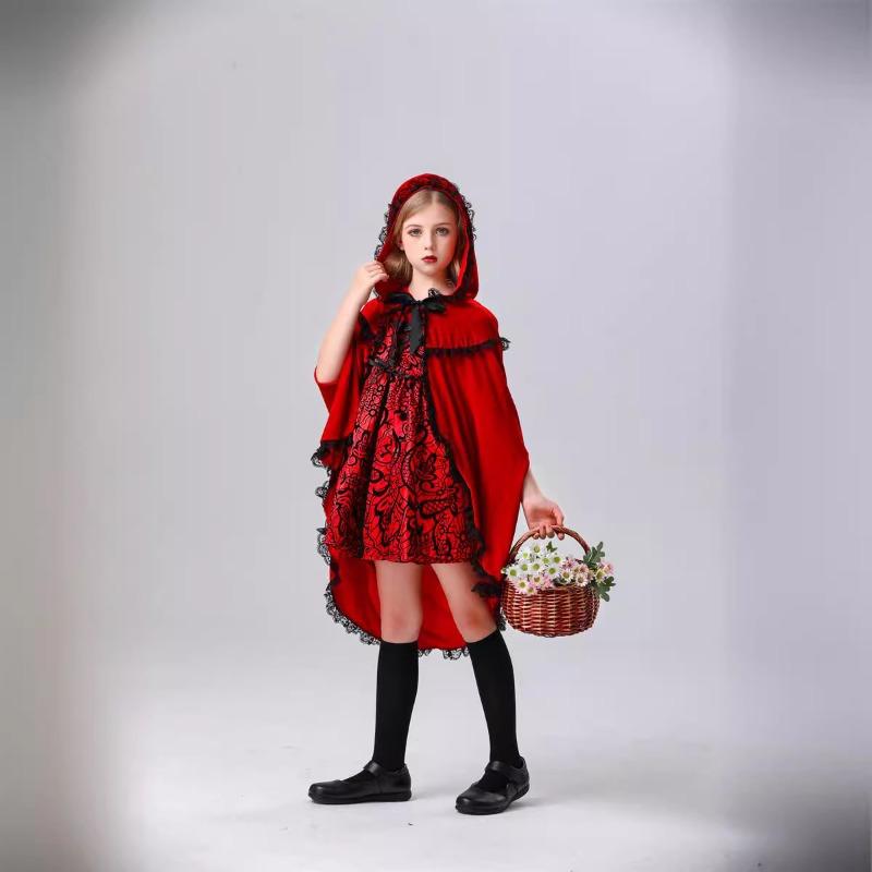Halloween new children's Little Red Riding Hood drama costume cape red and black pattern dress