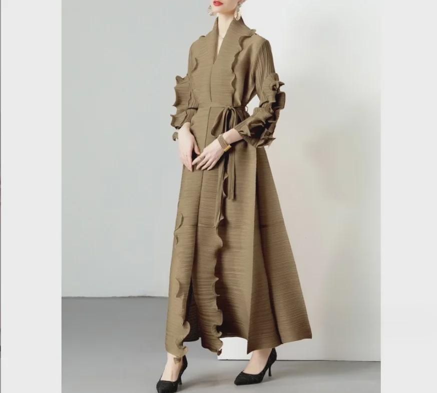 

Miyake 2025 Stylish Long-Sleeve Ruffled Slim Fit Dress One Size верблюд