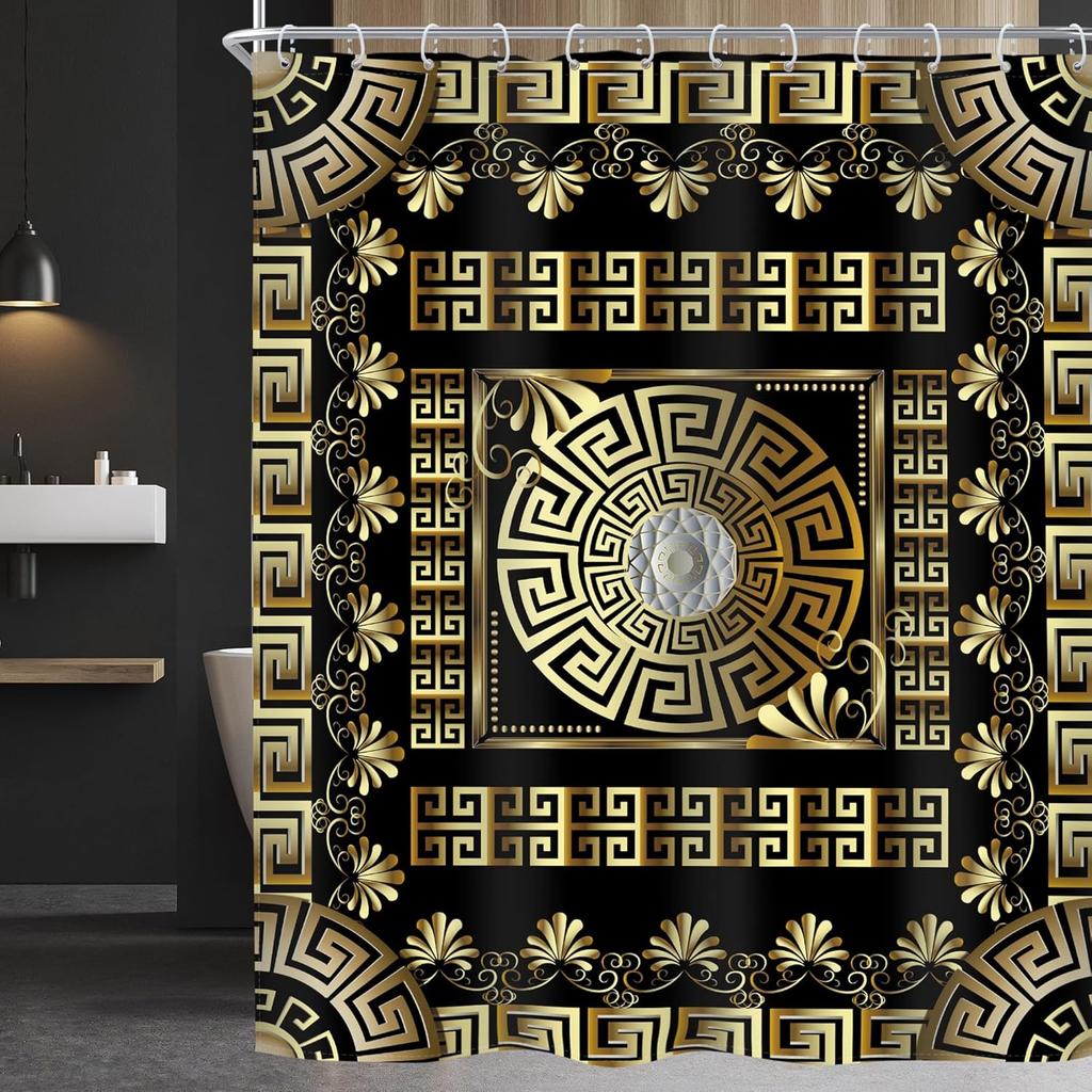 Black Gold Geometric Shower Curtain Vintage Greek Key Abstract Modern Classic Retro Antique Luxury Simple For Man Males Fabric