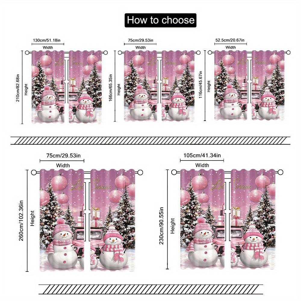 Pink Snowmen Truck Door Curtains 2Pcs,Winter Scene Snowflake Ball Semi-Transparent  For Bedroom Living Room Decor