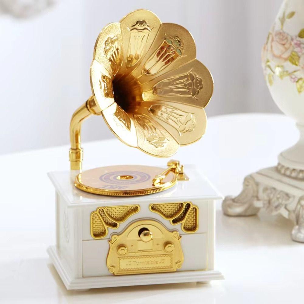 European-style Gramophone Model Music Box Gramophone Model Phonograph Shape Classical Phonograph Drawer Music Box Hand Crank