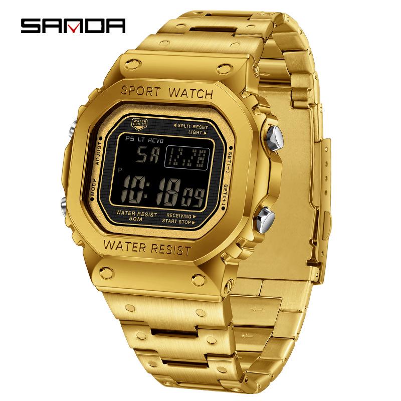 Sanda Men's Square Waterproof Electronic Watch with Fashionable Light and Alarm Clock.