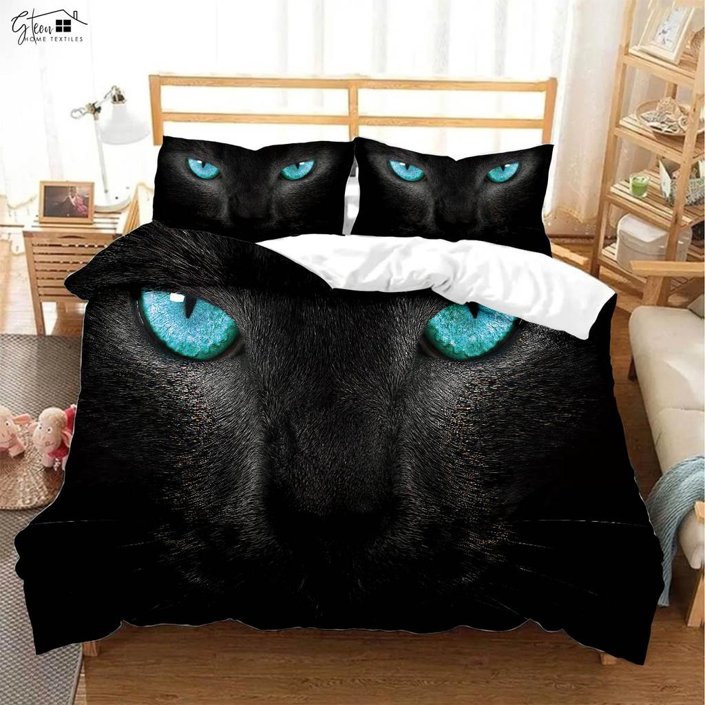 Cute Cartoon Cat Printed Quilt Cover Bedding Set 100% Polyester Duvet Cover Pillowcase Three-Piece Set