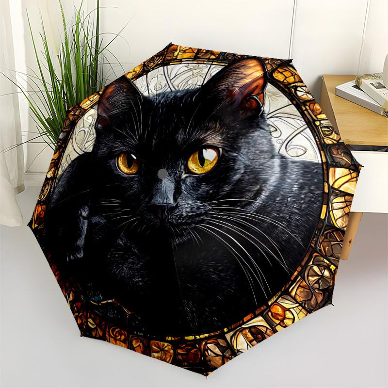 1pc Stained Glass Cat Decor Automatic Open/Close Umbrella, Compact Travel Umbrella, 8-Rib Sturdy Frame - Ideal Gift for Friends Yy251118065