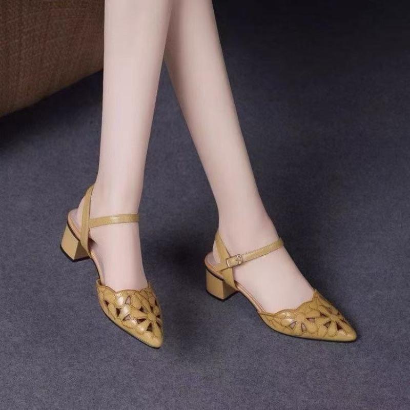 New Style Breathable Mesh Open-toe Women's Pointed-toe Soft Leather Slip-on High-heeled Shoes
