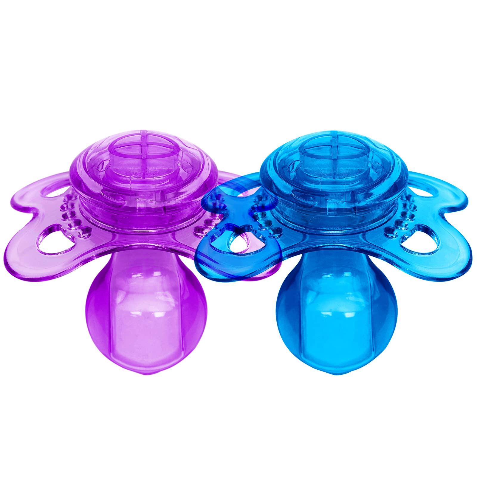 

LittleForBig Adult Pacifiers, New 3rd Generation [Clear Candy Color] with Lids, Set of 2, Blue and Purple