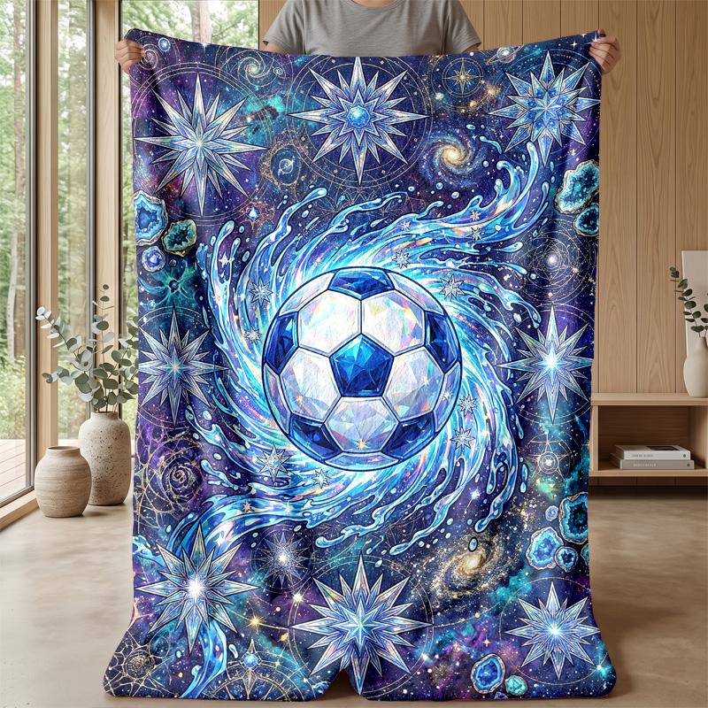 Cosmic Soccer Ball Blanket Personalized Name Flannel Blanket Soft Cozy Plush Throw for Sofa Bed Lightweight Home Decor
