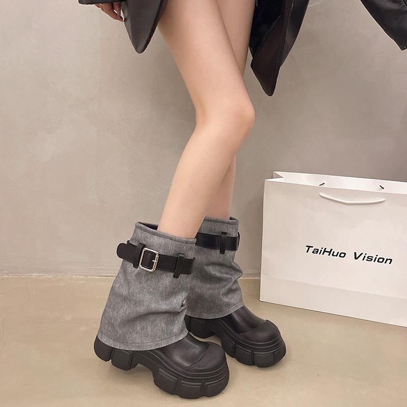 Thick-soled Trouser Boots for Women In the Autumn and Winter of 2025, New Small Man Height Increase, Versatile Locomotive Cowboy Short Boots, Medium