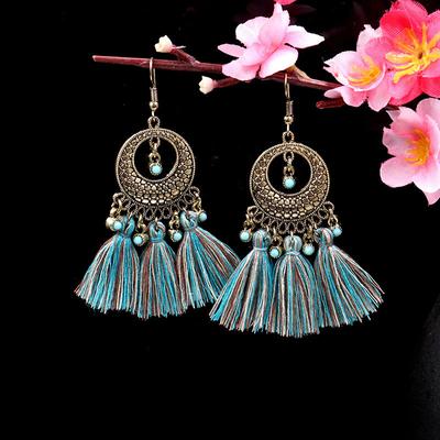 GemChic Women's New Vintage Geometric Metal Turquoise Long Tassel Fringe Earrings Ethnic Fashion Hook Earrings Birthday Christmas Jewelry Gift