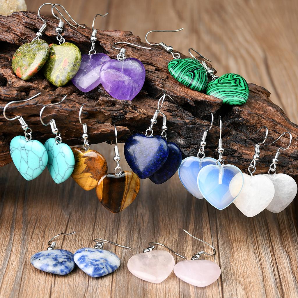 Bohemian Natural StoneTurquoise Amethyst Tiger Eye Heart Dangle Earrings Women's Popular Delicate Handmade Zircon