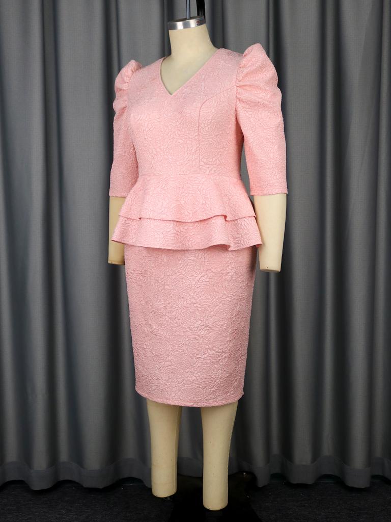 Peplum Jacquard  Midi Dresses for Women with Puff Sleeves and Layered Waist Detail for Church Weddings and Elegant Formal Events