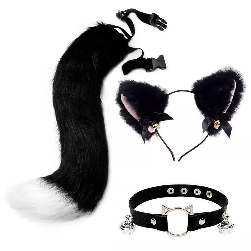 Anime Katzenohr-Haarreif mit Schwanz-Set Cosplay Kostüm Zubehör - Kawaii Tierohren Haarreif mit Abnehmbar für Erwachsene