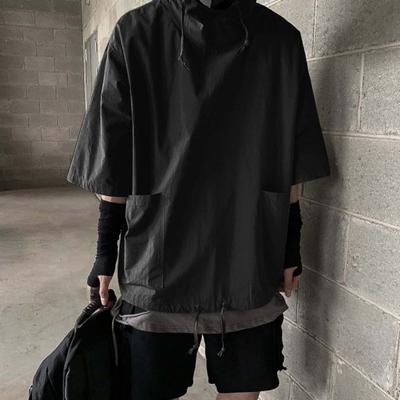 Hooded Jacket Solid Color Loose-fitting Half Sleeve Breathable with Pocket Dress-up Polyester Men Hooded T-Shirt Pullover Top for Men