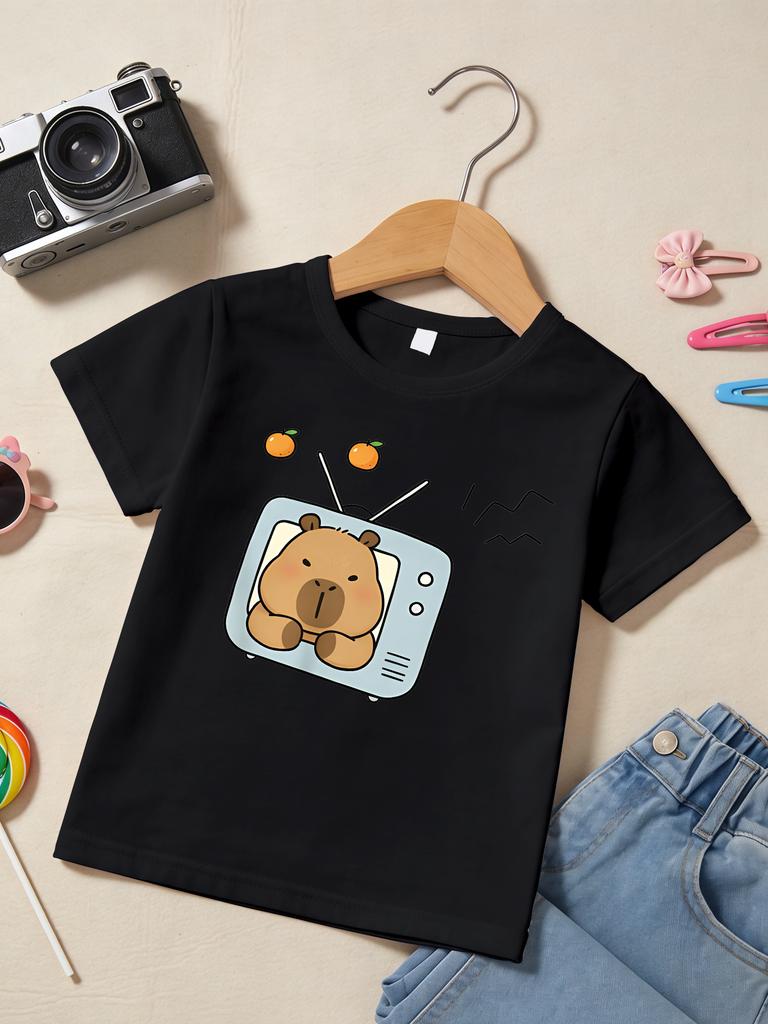 Capybara Inside Retro TV With Oranges Cartoon Print T Shirt Boys Girls Cute Short Sleeve Tee Family Matching Kids Cotton Tops