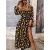 Women Elegant Floral Printed Long Dresses Casual Off-shoulder Puff Long Sleeves Ladies Side Split Dress Female Clothing