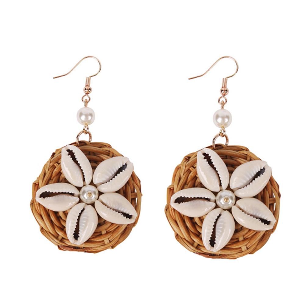 Women Fashion Bohemian Style Rattan Shell Pearl Charm Dangle Earrings Drop Earrings