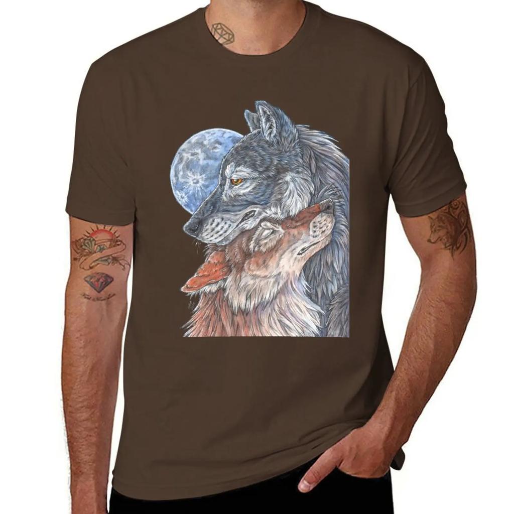 Two Wolves Under Full Moon, No Background T-Shirt Summer Top Heavyweights Mens Graphic T-shirts Hip Hop