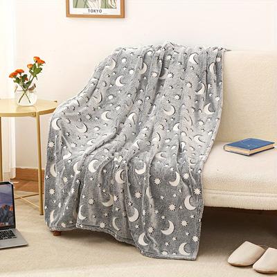 Glow-In-The-Dark Flannel Blanket With Star & Moon Design - Soft, Allergy-Friendly, Multi-Use Throw For Young Group And Adults, 127.0X152.4 Cm