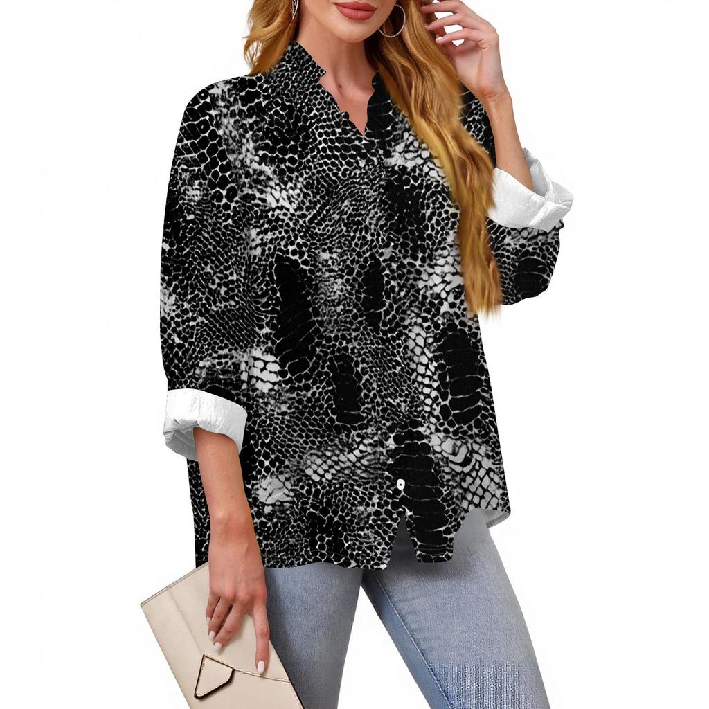 Women's Loose Ruffled Retro Floral Print Stand Collar Long Sleeve Cotton And Linen Top
