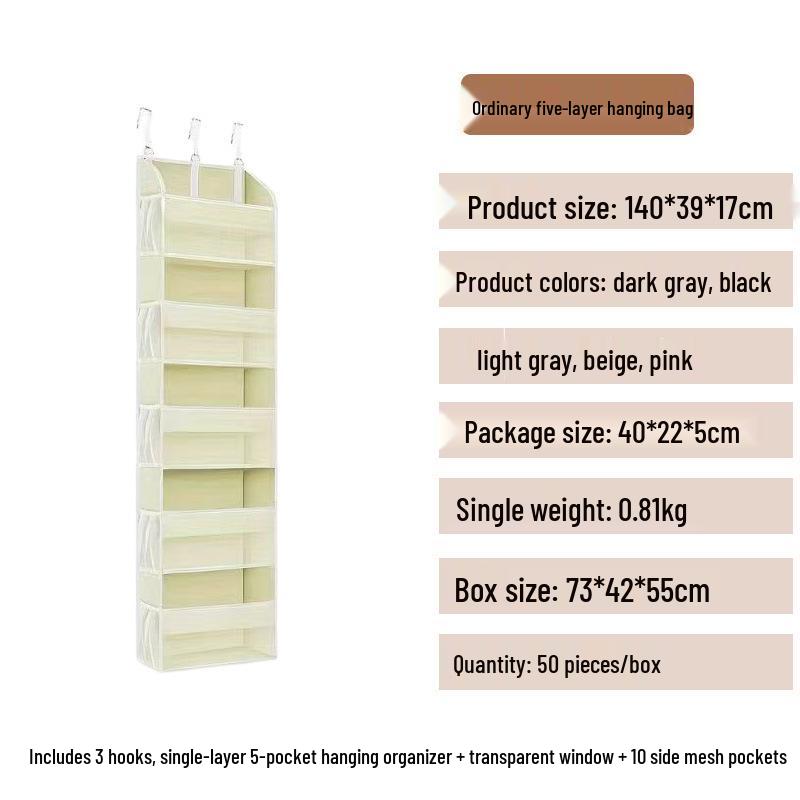 Five-Layer Non-Woven Over-the-Door Large Capacity Hanging Storage Bag for Home or Bedroom