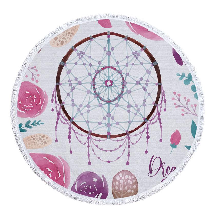 Prosop de Plajă Rotund din Microfibră Boho Dreamcatcher Prosoape Groase pentru Duș Baie Covoraș de Plajă de Vară 550g cu Ciucuri