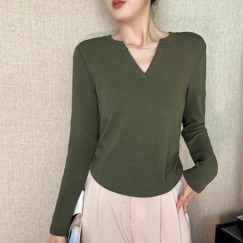 Jarní a podzimní halenka s výstřihem do V Krátký Pohodlný ležérní top s dlouhým rukávem