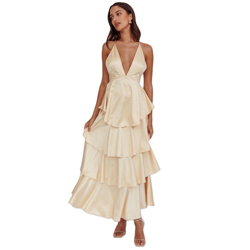 Women's V Neck Sleeveless A-Line Maxi Dress High Waist Tiered Ruffled Summer Dress