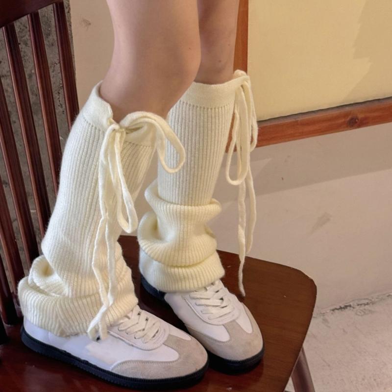 Women Ribbed Knitted Leg Sleeves with Ties Drawstring for Winter Warmth Vertical Striped Leg Warmers Footless Boot Socks