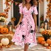 Women Casual V Neck Short Sleeve Halloween Print Dress Midi Length Wrap Style Adjustable Waist Tie