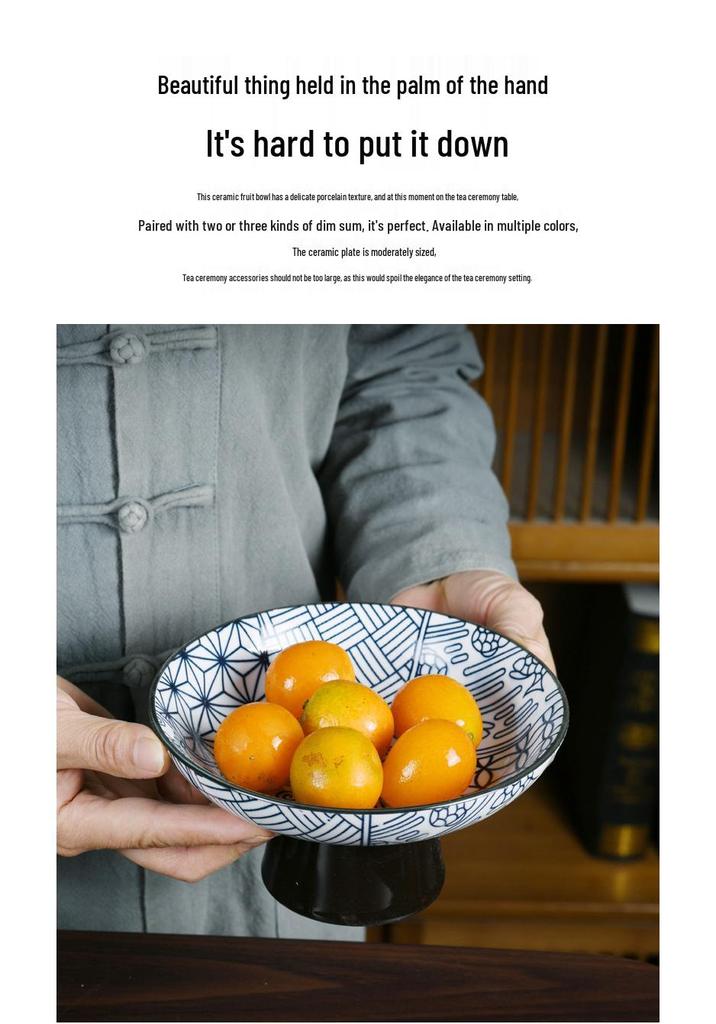 Porcelain Tall-Footed Blue & White Fruit Bowl: Tea Table Plate for Melon Seeds, Pastries, Snacks & Dried Fruits