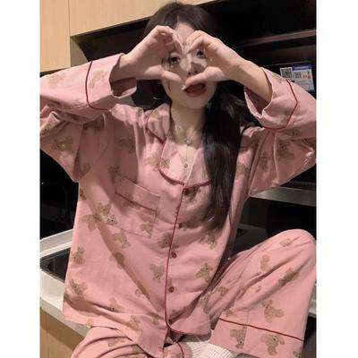 Spring and Autumn Ladies Ins Korean Version of The Bear Pajamas Homewear Suit Girls Casual Pajamas Homewear Long-Sleeved