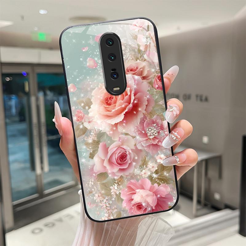 Cute Cartoon Cats Flower Case For Xiaomi Mi 9T Redmi K20 Pro Poco F2 Tempered Glass Phone Case Protective Back Cover Hard Shell