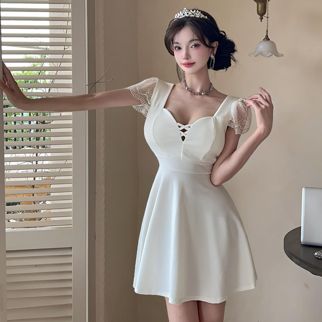 Lace Splicing Sexy Suspender Dress Women's Summer Slim Waist Skirt Show Figure A Word Short Skirt