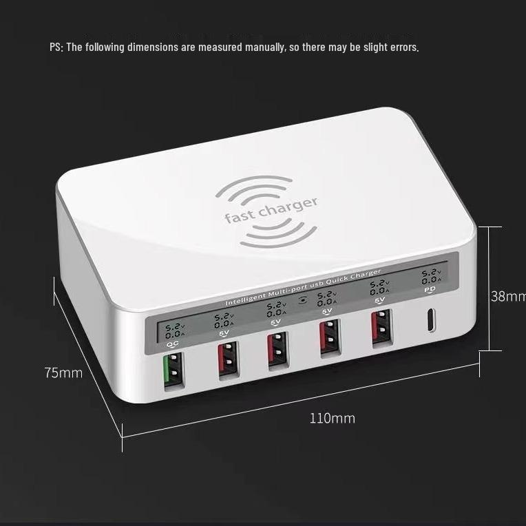 6-Port USB Charger with QC3.0 Fast Charge, PD 20W, and 15W Wireless Mobile Charging