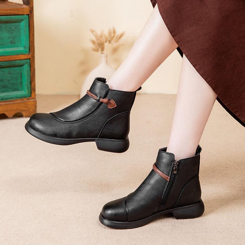 Mom shoes cotton shoes women's soft soles autumn and winter middle-aged short boots flat leather shoes velvet warm non-slip middle-aged and elderly w