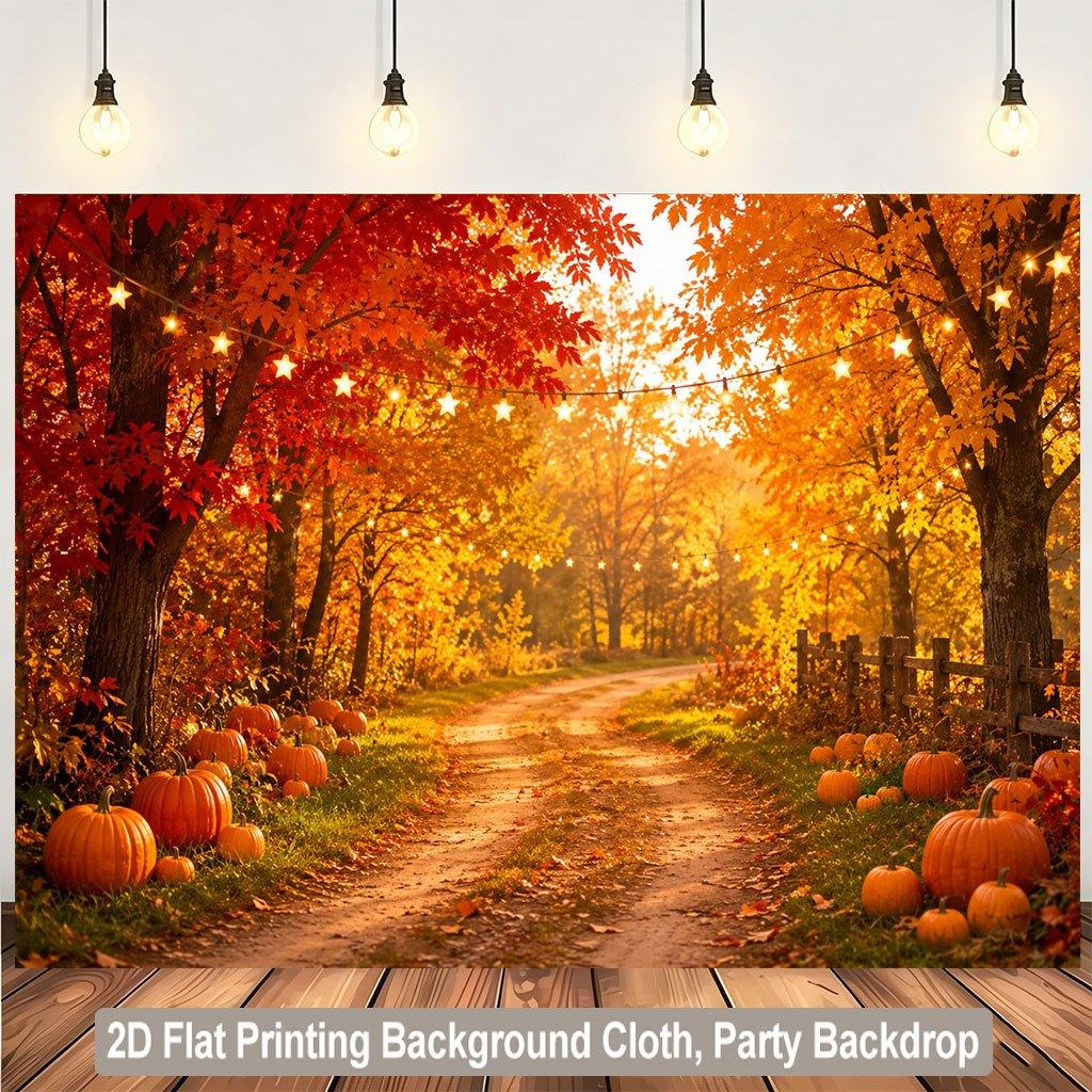 1 piece of 2D flat background fabric autumn forest path and pumpkin scenery background fabric wooden board wall.PMJ