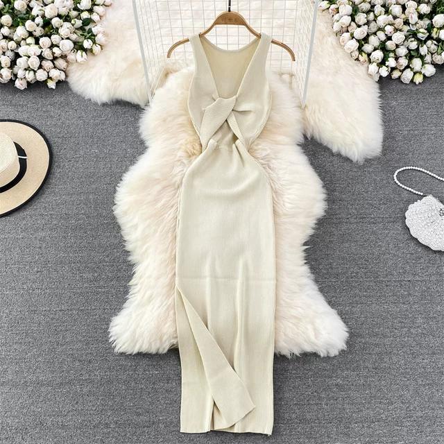 Vestido de Punto Minimalista sin Espalda para Mujer Verano SSólido de Punto sin Mangas Ajustado sin Mangas Sexy Bodycon Vestido Camiseta