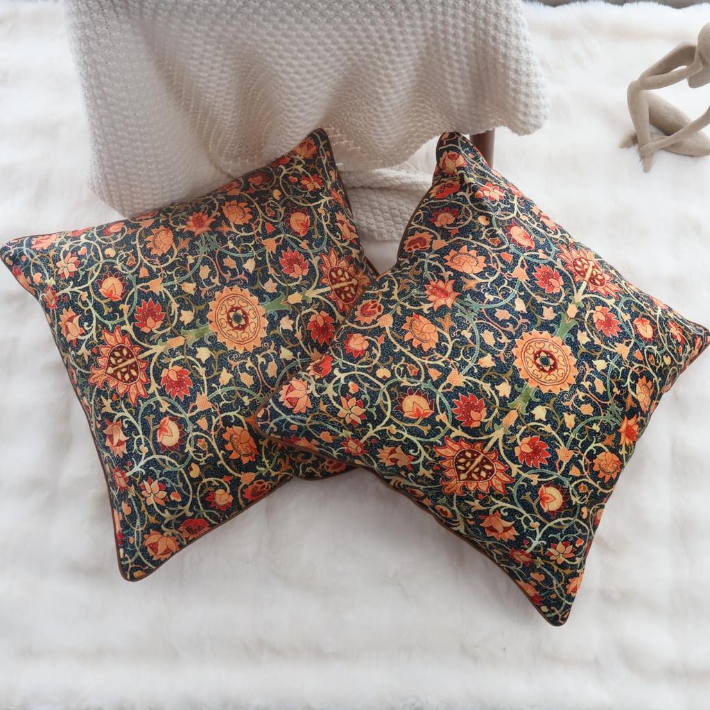 2er-Pack Petrol Orange William Morris Kissenbezüge Beidseitiger Druck Vintage Blumige Kissenhüllen Heimdekoration für Sofa Schlafzimmer