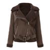Womens Faux Suede Leather Jacket With Fur Collar Fall Winter Warm Outerwear Long Sleeve Zipper Coat