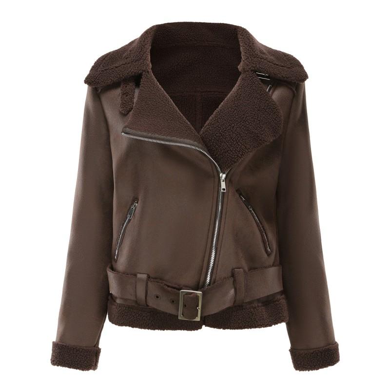 Womens Faux Suede Leather Jacket With Fur Collar Fall Winter Warm Outerwear Long Sleeve Zipper Coat