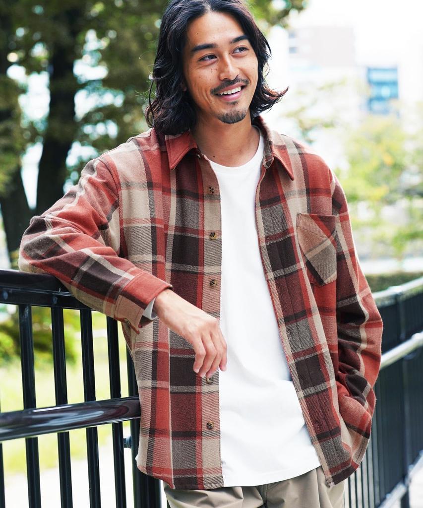 Shop Check Flannel Shirt Size L Jagged Cold Casual Loose Layered [JIGGYS SHOP] Jiggy's Brown/Orange, Fleece-Lined, Fleece, Thick, Men's Jacket,