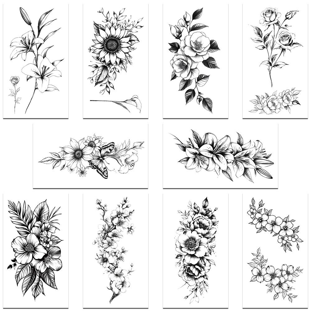 

10 листов черно-белых цветочных тату-наклеек для запястья, плеча, руки, тела, временные водонепроницаемые декоративные татуировки-наклейки