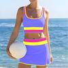3Pcs/Set Swimsuit Set Padded No Underwire Bra High-Waist Bikini Briefs Set with Overskirt Color-Blocked Wave Pattern Bikini Set