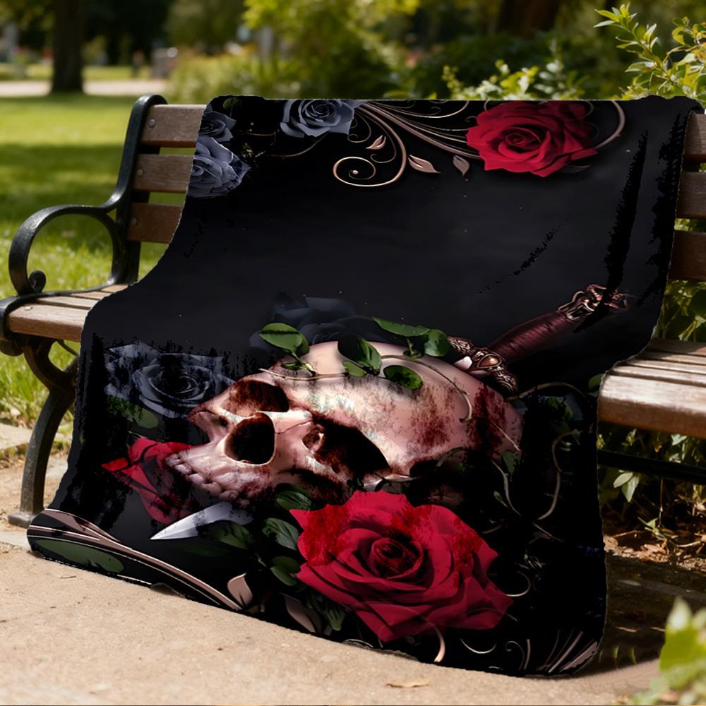 1pc Skull Roses Print Outdoor Flannel Blanket Soft All Season Polyester Throw , Perfect for Picnics & Travel , Picnic Accessory