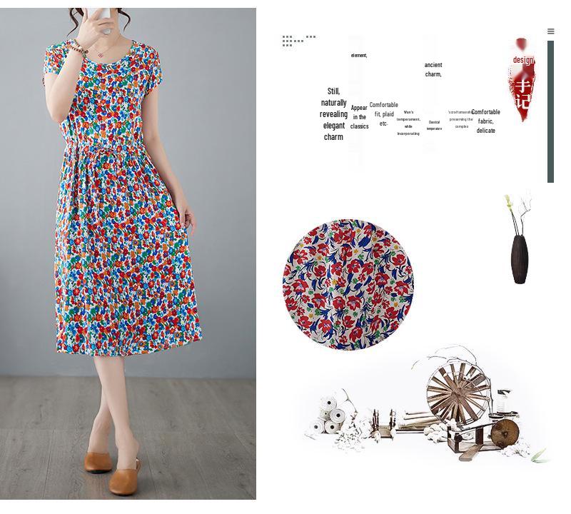 2025 Summer Floral Cotton-Silk A-Line Dress: Women's Short Sleeve, Loose Waist, Slimming Tie Mid-Length